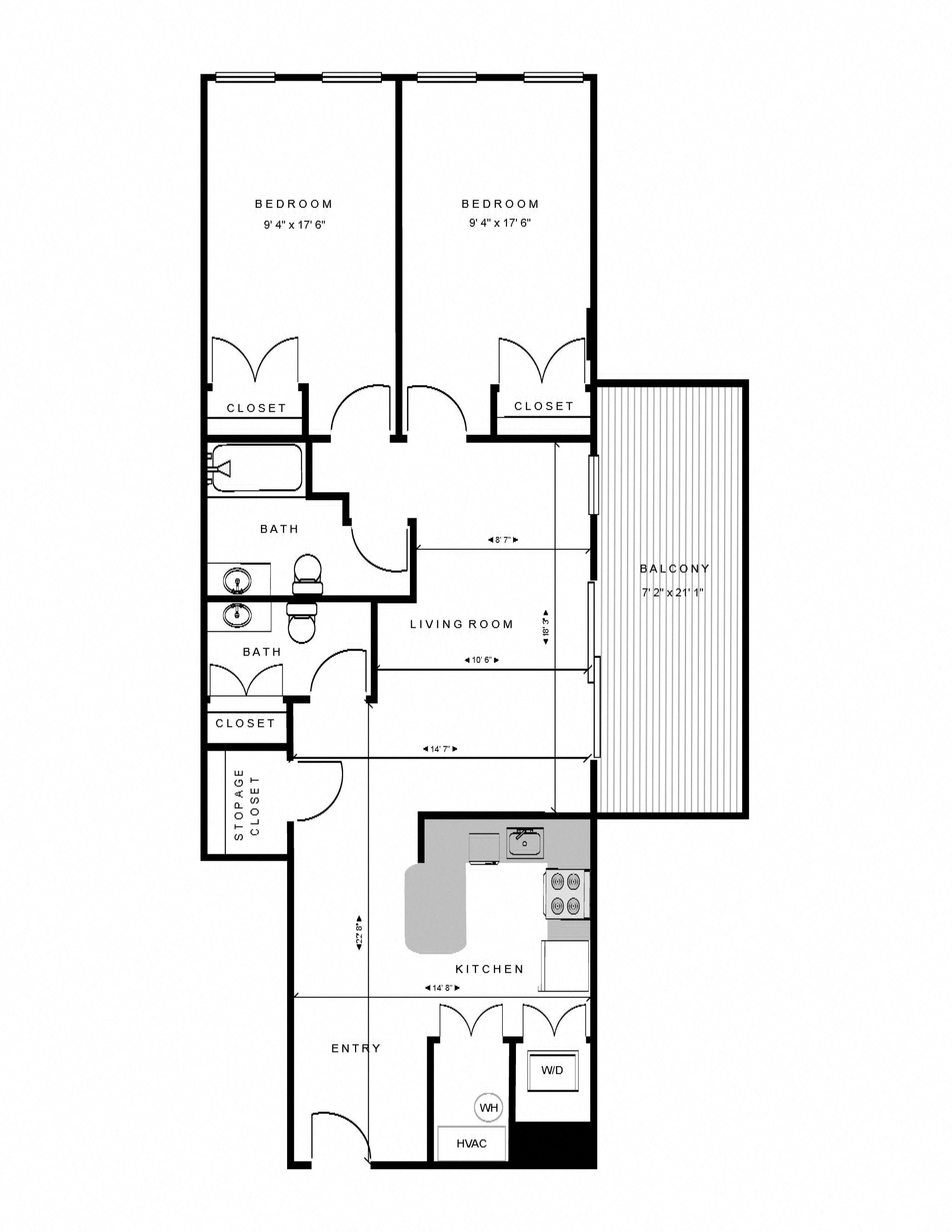 Floor plan for 2 beds, 1.5 baths, 945 sqft